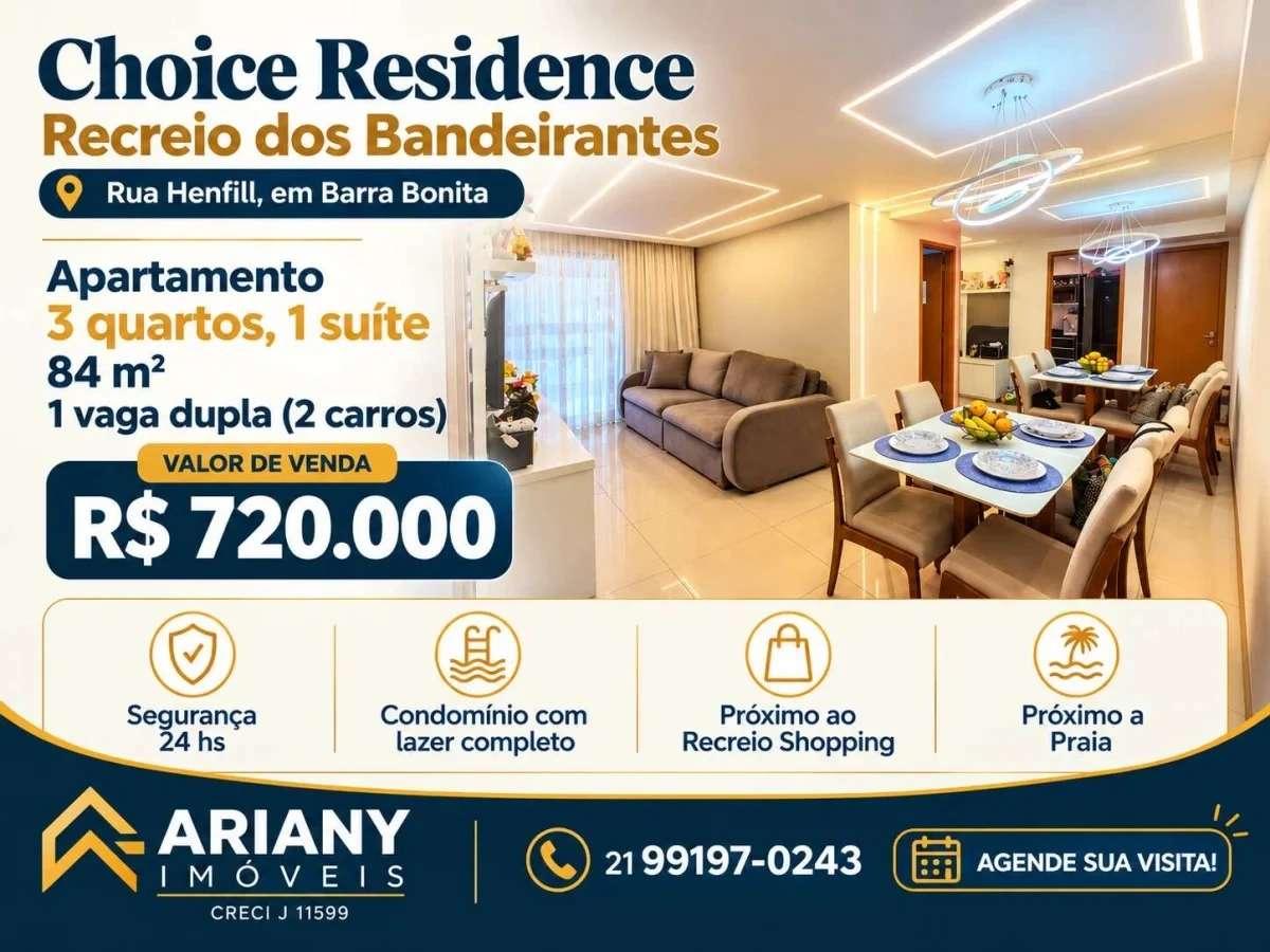 Choice Barra Bonita | Apartamento 3 quartos 83 m² - Recreio @arianyimoveis